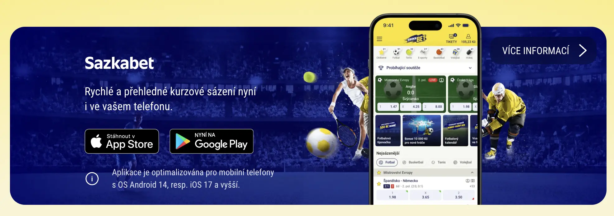 Radioservisbet – rychlé a přehledné kurzové sázení v mobilní aplikaci pro iOS a Android Mobilní aplikace Radioservisbet pro kurzové sázení s ukázkou rozhraní a sporty v pozadí